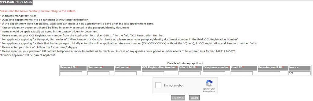 Procedure for Appointment Booking for OCI- Applicant Details