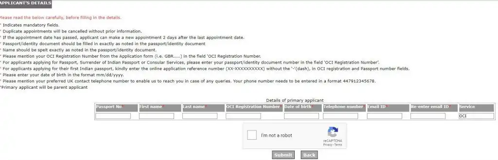 Procedure for Appointment Booking for OCI- Applicant Details