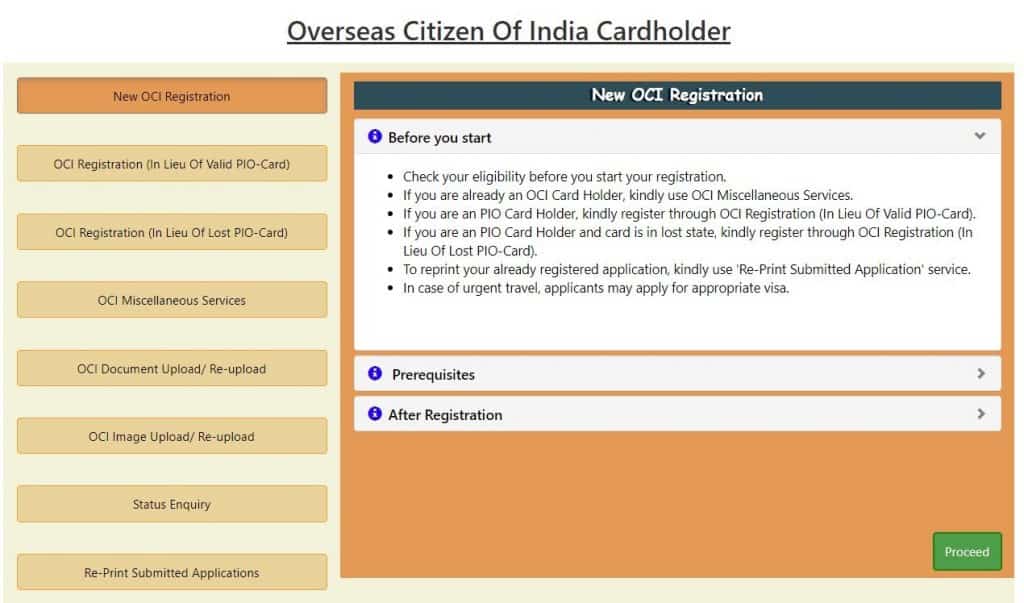 Step 1 – Proceed to OCI website and click on New OCI Registration.